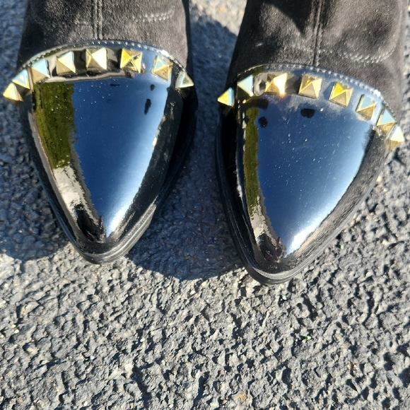 Black Suede Mid-Calf Heeled Boots with Gold Cap Toe and Stud Trim - Picture 3 of 16